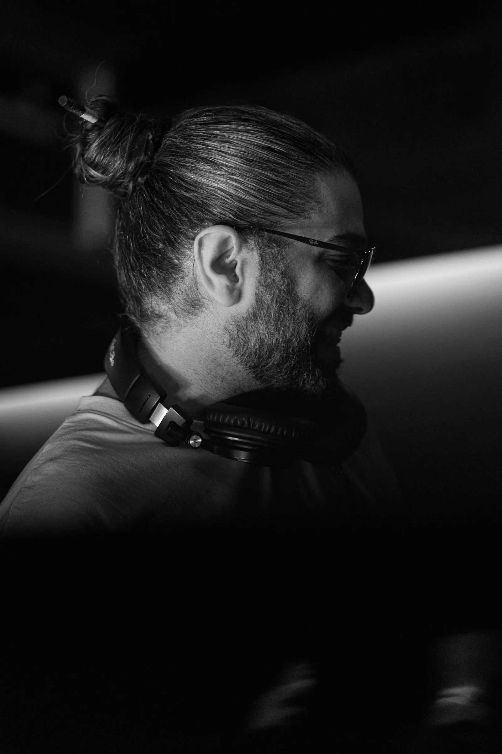 DJ Mahbod in profile, black and white